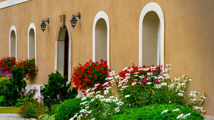 Flowers planted next to old buildings