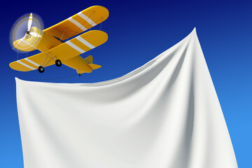 Yellow biplane flying in the sky. He carries a banner with place for your text. White fabric fluttering on the fly. Abstract illustration. 3d rendering. High resolution. © Khrystyna