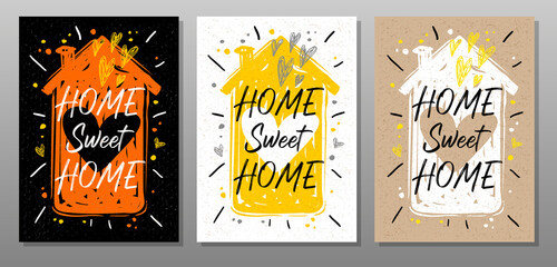 Home sweet home, quote food poster. Cooking, culinary, kitchen, love, hearts, house, master chef. Lettering, calligraphy poster chalk chalkboard sketch style Vector illustration