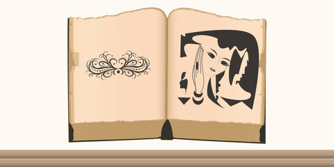 Old book open with mystical drawing - vector. Literature.