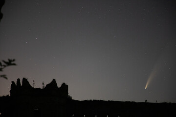 Stare selo, Ukraine, 16 July 2020.  Neowise comet above the castle of Stare selo village in Ukraine.