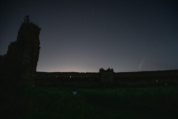 Stare selo, Ukraine, 16 July 2020.  Neowise comet above the castle of Stare selo village in Ukraine.