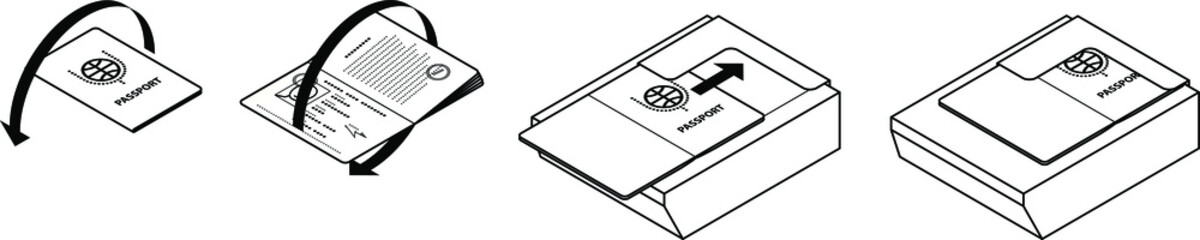 Diagram / instructions to open passport to photo page and position it for scanning in a scanner.