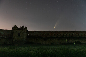 Stare selo, Ukraine, 16 July 2020.  Neowise comet above the castle of Stare selo village in Ukraine.