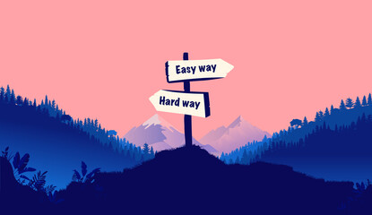 Easy way or hard way - Signpost in beautiful nature landscape pointing in two different directions. Life decisions, dilemma and the way forward concept. Vector illustration.