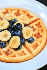 Waffle with banana and blueberry