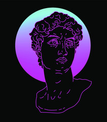 Cyberpunk and Vaporwave style line art illustration of Michelangelo's David head sculpture. Trendy fashion print for t-shirt, poster or cover.