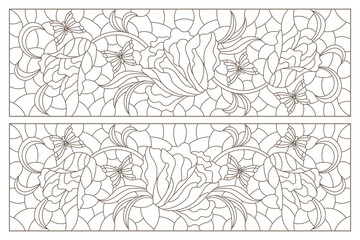 Fototapeta premium Set of contour illustrations of stained glass Windows with intertwined tulips, dark outlines on a white background