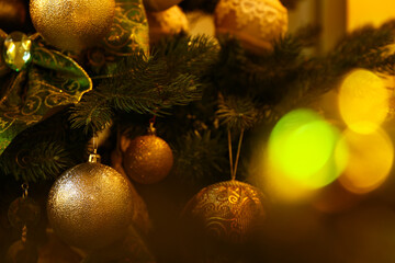 Close up Christmas tree decorations hanging