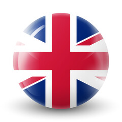 Glass light ball with flag of United Kingdom. Round sphere, template icon. English national symbol. Glossy realistic ball, 3D abstract vector illustration highlighted on a white background. Big bubble