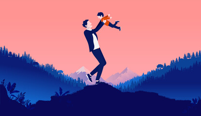 Father playing with son - Man and child enjoying the weekend outdoors in nature. Landscape view in background. Vector illustration.
