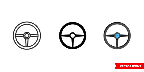 Steering wheel icon of 3 types. Isolated vector sign symbol.