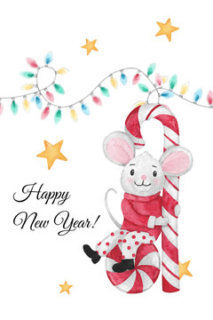 Christmas illustration with mouse on a candy cane with Christmas lights and stars