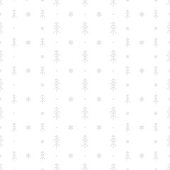 blue ornament with line fir-trees and snowflakes on white background. Forest blizzard.