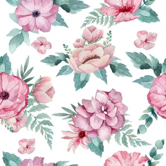 Gardinen Watercolor seamless texture with bouquets of pink anemones and palm leaves. Romantic texture with pink flowers and blue leaves. Bouquet with blue palm leaves. © Anastasiia