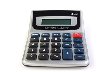 Silver calculator isolated on a white background. Silver-black calculator on a white background.