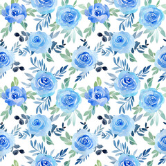 seamless watercolor texture with bouquets of blue roses, eucalyptus leaves on a white background.