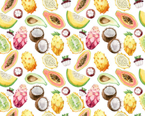 Watercolor seamless pattern with Tropical fruits and palm leaves. Exotic fruits set. Bright colorfull  background. Dragon fruit, pitaya, banana, coconut.