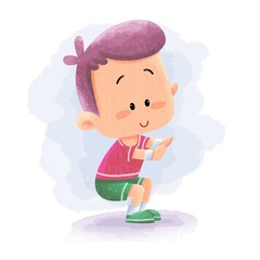Cute People Young Man Kids doing Sport Gym Fitness Yoga Activity With stretching Watercolor. Suitable For Children Kids Book, Mascot, Character, Cards, Sticker, T-Shirt Design. Cartoon Illustration