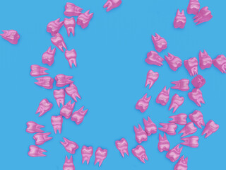 Pink molar teeth on blue background. Minimal dental care concept. 3d render
