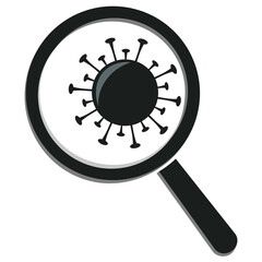 Bacteria and loupe. Magnifier and Covid AI icon black.