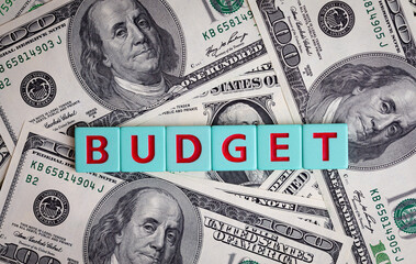 Budget word on a dollars background, business concept.