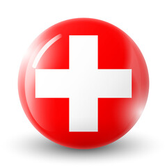 Obraz premium Glass light ball with flag of Switzerland. Round sphere, template icon. Swiss national symbol. Glossy realistic ball, 3D abstract vector illustration highlighted on a white background. Big bubble.