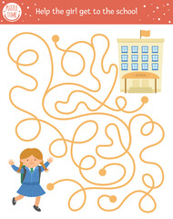 Back to school maze for children. Preschool printable educational activity. Funny puzzle with cute schoolgirl. Help the girl get to the school. Autumn game for kids with pupil. .