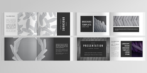 Vector layouts of horizontal presentation design templates for landscape design brochure, cover design, flyer, book design, magazine. Feathers, birds plumage in abstract style. Graphic pattern.
