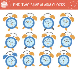 Find two same alarm clocks. Back to school matching activity for children. Funny educational activity for kids. Autumn logical quiz worksheet. Simple printable game for kids.