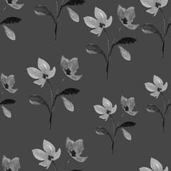 Watercolor pattern of flowers on a gray background. Seamless pattern. Bed linen print. Illustration drawn by hand. Hand Made. The picture is painted with paints.