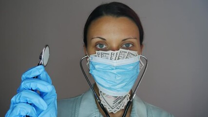 Caucasian woman doctor with stethoscope and fifty-dollar bills sticking out of a medical mask on her face. Corruption in medicine. - Powered by Adobe