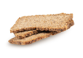 Slices of black rye bread on a white background. Isolated object, a concept for culinary design.