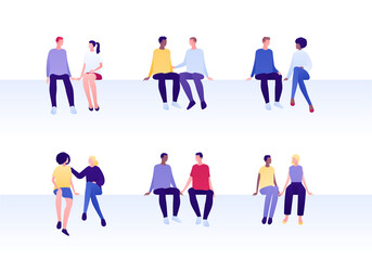 Fototapeta na wymiar Love relationship, lgbt romantic date and friendship concept. Vector flat person illustration set. Multiethnic characters. Different couples of man and woman sitting. Design for banner, card.