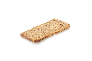 Slice of black rye bread on a white background. Isolated object, a concept for culinary design.