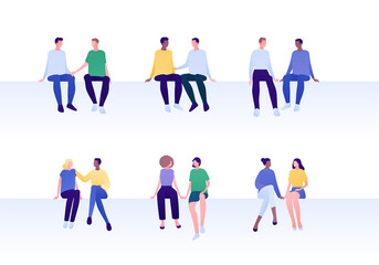 Love relationship, lgbt romantic date and friendship concept. Vector flat people illustration set. Mixed ethnic characters. Different couples of man and woman sitting. Design for banner, card.