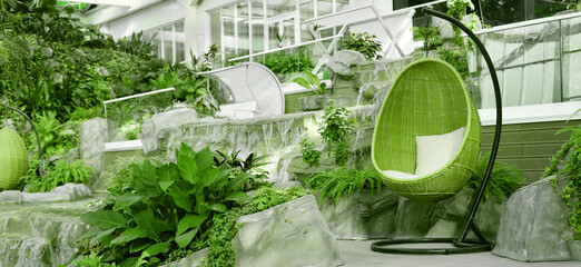 Rattan oval hanging chair with pillow in tropical plant.