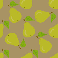 Seamless pattern with green pears on a light brown background. For textiles, greeting card design, covers, wrapping paper, wallpaper.