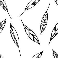 Vector Illustration of black doodle leaves isolated on a white background, Seamless pattern