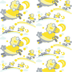 Seamless cute pattern for kids with yellow sheep jumping over fence in the sky with moon