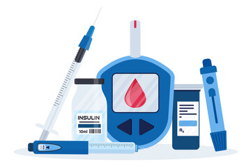 Diabetes flat vector infographic elements set in cartoon style. Diabetes equipment icon collection. Insuline pump, glucometer, syringe, pen, lancet, test strips. Concept of healthcare and prevention