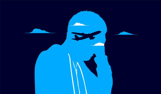 Fear of flying - Silhouette of male person with flying anxiety, and airplane with sky. Vector illustration. 