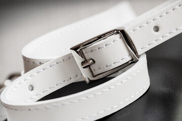 Metallic buckle on a white leather strap, selective focus. Modern womens accessorys.
