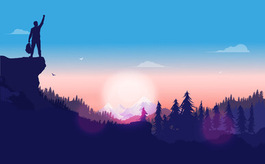 Self esteem illustration. Man in landscape standing on peak, with hand raised to the sky. Winning, winner and personal success concept. Vector.