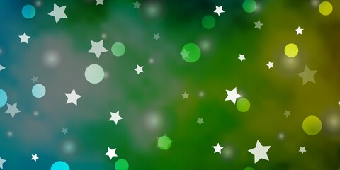 Light Blue, Green vector template with circles, stars. Abstract illustration with colorful shapes of circles, stars. Design for textile, fabric, wallpapers.