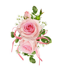 Pink rose flowers and raffia bow in a floral arrangement