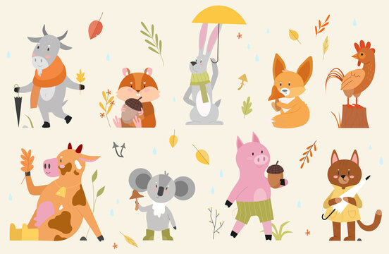Autumn animals vector illustration set. Cartoon hand drawn autumnal woodland collection with cute animal characters enjoying fall season in forest, funny cow goat rooster fox hamster pig cat hare
