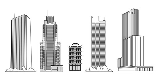 Set of vector drawings of skyscrapers to create city landscapes.Tall modern buildings.