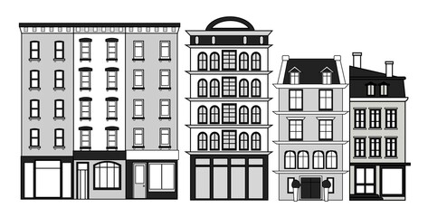 Fototapeta premium A set of old town houses. Black and white vector illustration.