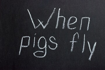 The phrase on the chalk board "When pigs fly." Catch phrase in english